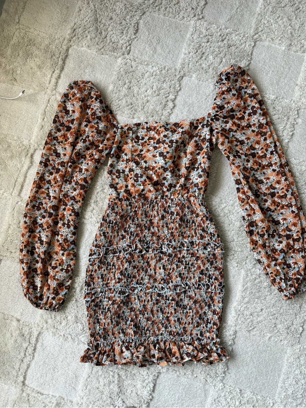 Luxxel Rust Brown Floral Smocked Mini Dress with Puff Long Sleeves